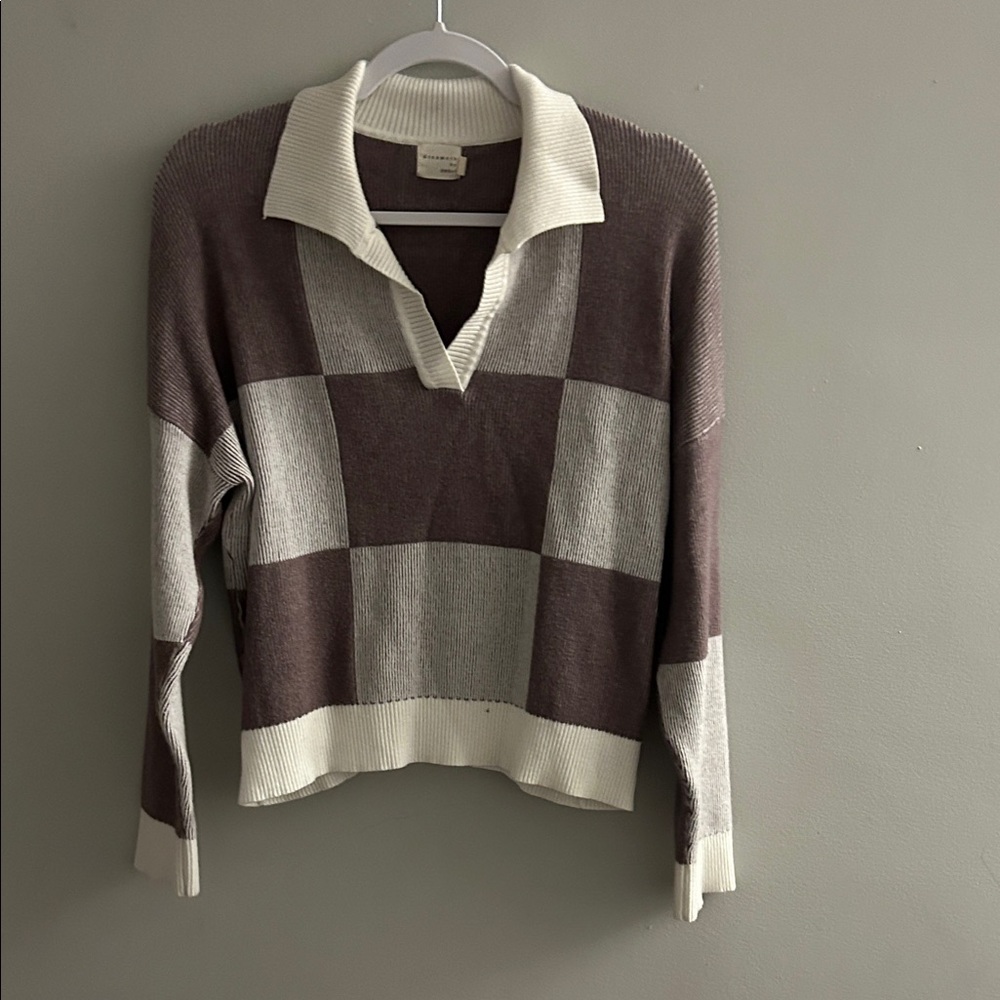 V-Neck Collared Checker Knit Sweater - Taupe & Cream